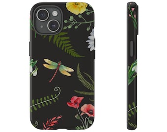 Dragonfly Floral Black Phone Case – Dual Layer Protection
