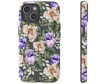 Iris Floral Phone Tough Case for iPhone 15 14 13 12 11 X 8, Google Pixel 7 6 5, Samsung Galaxy 23 22 21 20 10, Glossy or Matte Finish