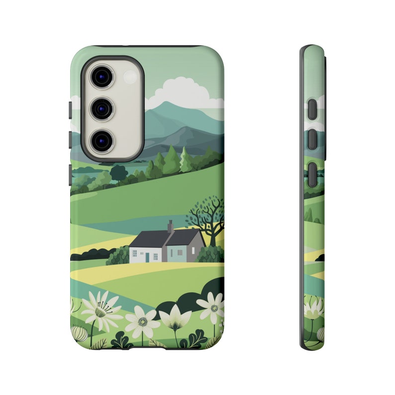 Gentle rolling green hills with a cottage and flowers. English countryside cell phone case.