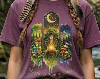 Forest Goddess Moon Fox T-Shirt, Mystical Celestial Nature Scene Tee