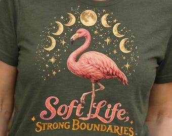 Flamingo Moon Phases Graphic Tee | Soft Life Strong Boundaries, Hand-Painted Design