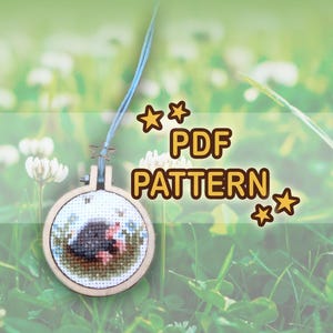以下が含まれることがあります： 木製の刺繍枠に表示されたクロスステッチのPDFパターン。パターンは草地の中のモグラを特徴としています。「PDF PATTERN」のテキストは星のアクセントで表示されます。背景は、緑の草と白い花のぼやけた画像です。