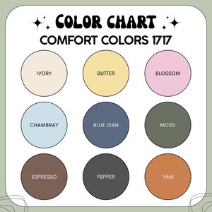 May include: A color chart for Comfort Colors 1717 featuring nine circular swatches labeled Ivory, Butter, Blossom, Chambray, Blue Jean, Moss, Espresso, Pepper, and Yam. The chart is displayed on a light green background with black text and star icons.