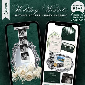 Könnte beinhalten: Zwei Smartphones zeigen eine digitale Hochzeits-Website-Vorlage mit dunkelgrünem Hintergrund. Die Bildschirme zeigen einen verzierten silbernen Spiegel, weiße Rosen, einen Fotostreifen, eine Kassette und Umschläge mit dem Text Wedding Website.
