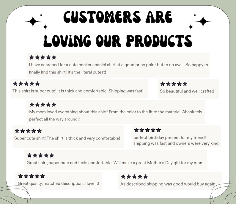 May include: A graphic display with the text CUSTOMERS ARE LOVING OUR PRODUCTS in black, featuring eight five-star reviews. The reviews contain text about a cocker spaniel shirt, including comments on quality, comfort, and gift-giving experiences.
