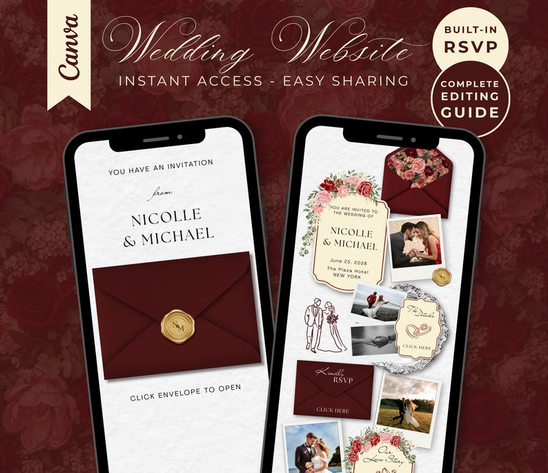 Burgundy Red Wedding Website Template | Digital Invitation With Rsvp ...