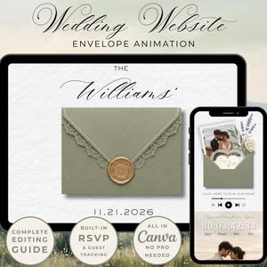 Può includere: Un modello di sito web per matrimoni digitale con un'animazione di busta color verde salvia, bordo in pizzo e sigillo in ceralacca dorato. Lo schermo mostra il testo The Williams, 11.21.2026, e un'interfaccia mobile con foto e conto alla rovescia.