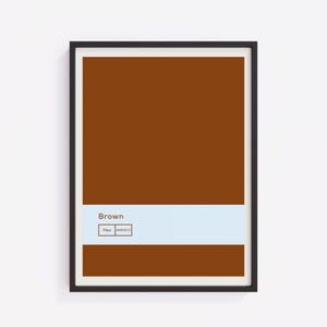 May include: A framed print with a large brown colour block. Below the brown section is a light blue horizontal bar with the word "Brown" and the hex code #8b4513.