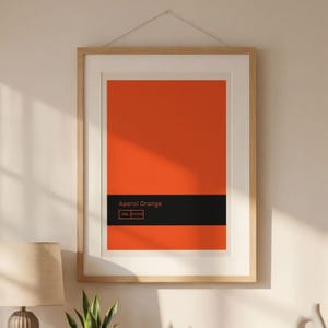 May include: A framed art print with a bright orange background and a black band across the middle. The words "Aperol Orange" are above a smaller text box. The print is in a light wood frame.