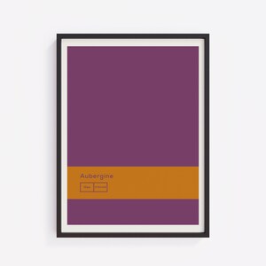 May include: A framed art print with a deep purple background and a horizontal orange band. The word "Aubergine" is printed in white on the orange band, along with a hex code.