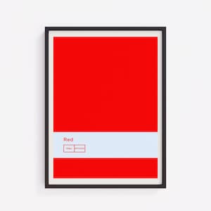 May include: A framed art print with a bold red background and a light blue band. The word "Red" and the hex code "#ff0000" are displayed in the light blue band. The frame is black.