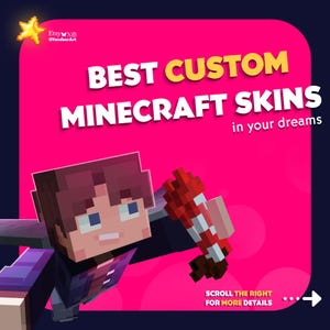 以下が含まれることがあります： カスタムMinecraftスキンのプロモーション画像。「BEST CUSTOM MINECRAFT SKINS in your dreams」と書かれています。ピクセル化されたキャラクターが赤と白のアイテムを持っています。Etsyのロゴと行動喚起も表示されています。