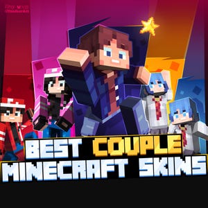 Puede incluir: Una ilustración digital con cinco personajes de estilo Minecraft en varios atuendos sobre un fondo colorido. El texto BEST COUPLE MINECRAFT SKINS aparece en la parte inferior con letras grandes y cuadradas de color amarillo y blanco.
