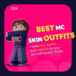 Może przedstawiać: Cyfrowa ilustracja na różowym tle promująca "BEST MC SKIN OUTFITS". Obraz przedstawia pikselowaną postać z brązowymi włosami, niebieskimi oczami i niebiesko-czerwonym strojem. Tekst zawiera "Tworzę nowe stroje i dodatki dla Twojej skóry z wysokiej jakości odcieniami."