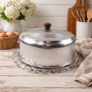 Vintage Aluminum Cake Dome with Glass Platter – Mid Century Wood Knob Server