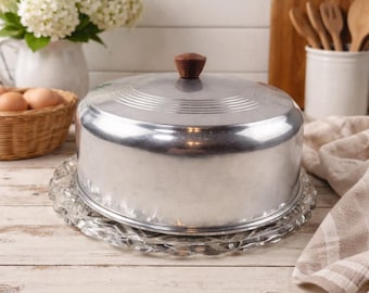 Vintage Aluminum Cake Dome with Glass Platter – Mid Century Wood Knob Server