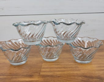Set Of 5 Vintage Anchor Hocking Ribbed Glass Sherbet Bowls, Swirled Dessert Custard Dish