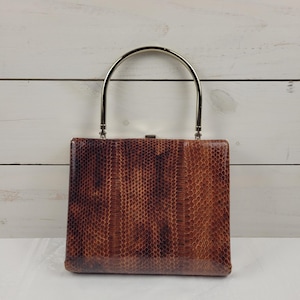 Vintage Snakeskin Handbag, Brown Skin Frame Purse, Gold Tone Metal Handle