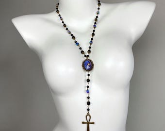 Whimsical Blue Starry Dream Ankh Pendant Rosary Style Witchcore Black Beaded Long Necklace
