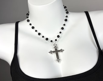 Gothic Black Beaded Choker Necklace With Silver Cross Pendant | Grunge Necklace | Alternative Jewelry