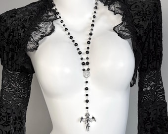 Gothic Demon Girl Black Beaded Silver Pendant Rosary Style Long Necklace