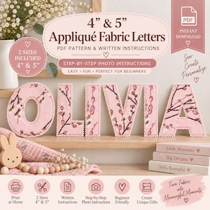 Könnte beinhalten: Ein digitales PDF-Schnittmuster für 10 cm und 13 cm große Stoffapplikationsbuchstaben. Die Buchstaben bilden das Wort OLIVIA mit einem rosa Zweigmuster und gezackten Rändern. Das Bild enthält schriftliche Anleitungen und Symbole.