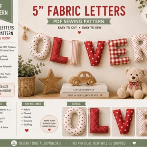 Op de afbeelding: Een PDF-naaipatroon voor 12,5 cm hoge, gevulde stoffen letters die OLIVER spellen, met rode en witte patronen zoals sterren, ruiten en strepen. Het digitale document bevat instructies voor A4- en US Letter-formaten, stappen voor beginners en een lijst met benodigde materialen zoals stof, garen en vulling.
