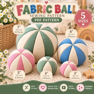 Op de afbeelding: Een PDF-naaipatroon voor een stoffen bal in vijf maten: 18 cm (10 delen), 15 cm (8 delen), 13 cm (8 delen), 10 cm (6 delen) en 8 cm (6 delen). Het patroon bevat stapsgewijze instructies en een fototutorial voor het maken van de ballen.