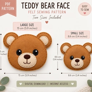 Könnte beinhalten: Ein PDF-Filznäh-Schnittmuster für ein Teddybärengesicht in zwei Größen: eine große Version mit 15 cm und eine kleine Version mit 8,6 cm. Die braunen Bärengesichter haben cremefarbene Ohren und Schnauzenpartien.