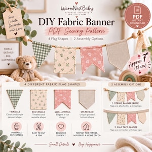 4 Fabric Flag Banner PDF Pattern | String or Bias Tape Banner | DIY Sewing Template | Instant Download | 7 Inch Flags