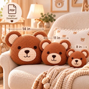 May include: Three brown bear-shaped plush pillows with waffle-textured fabric, cream-colored gingham muzzles, and inner ears. The pillows are labeled with widths of 14 inches, 11 inches, and 8 inches. A circular badge indicates a PDF digital download.