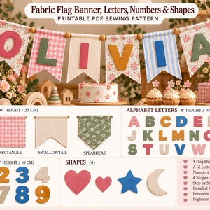 May include: A printable PDF sewing pattern for a fabric flag banner featuring letters, numbers, and shapes. The set includes four flag styles, alphabet letters, numbers 0-9, and shapes like hearts, a star, and a moon, all with 4-inch or 10-inch heights.