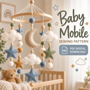 Nähvorlage für ein Babymobile, Filz-Wolken-Mond-Stern-Mobile-Vorlage, DIY-Babybettmobile, druckbare Vorlage, sofortiger Download