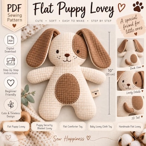 May include: A flat puppy lovey sewing pattern featuring a cream and brown textured fabric design. The main image shows a 10-inch tall puppy with long ears and a brown patch over one eye. Includes text labels for digital download and instructions.