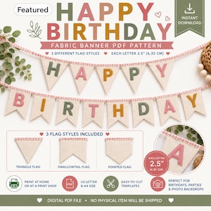 Puede incluir: Un patrón PDF digital para una pancarta de tela con el texto HAPPY BIRTHDAY. La pancarta consta de banderas triangulares de color blanco roto con letras rosas, verdes y mostaza, suspendidas en una cinta de cuadros rosas. Letras de 6,35 cm.