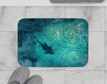 Mystical Fish Bath Mat, Teal Aquatic Bathroom Rug, Deep Sea Ripple Decor, Heavy Duty Non Slip Bathmat, Ethereal Underwater Scene Floor Mat