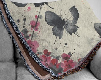 Japanese Ink Wash Butterfly Woven Blanket, Pink Cherry Blossom Sumi-e Tapestry, Minimalist Zen Home Decor, Floral Asian Art Throw Rug
