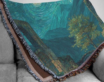 Van Gogh Style Starry Night Over Ancient Ruins Woven Blanket, Teal Mountain Landscape Tapestry, Gothic Castle Wall Hanging, Artistic Gift