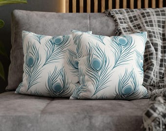 Peacock Feather Throw Pillow, Blue Teal Minimalist Cushion, Elegant Coastal White Decorative Pillow, Modern Boho Chic Bedroom Decor