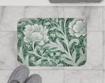 Sage Green Floral Bath Mat, Vintage Botanical Bathroom Rug, William Morris Style Home Decor, Heavy Duty Non Slip Absorbent Floor Mat