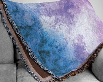 Blue and Purple Abstract Art Woven Blanket, Modern Watercolor Tapestry, Fluid Smoke Couch Throw, Aesthetic Textured Blanket Cozy Gift