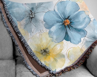 Watercolor Blue and Yellow Flower Woven Blanket, Pastel Floral Tapestry, Soft Botanical Couch Throw, Romantic Cottagecore Bedding Gift