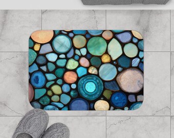 Blue Sea Glass Bath Mat, Mosaic Pebble Bathroom Rug, Turquoise Coastal Home Decor, Heavy Duty Non Slip Absorbent Colorful Floor Mat