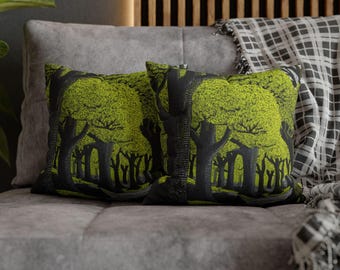 Woodblock Forest Pillow, Green Trees Nature Decor, Graphic Illustration Cushion, Modern Botanical Print, Woodland Cottagecore Home Gift