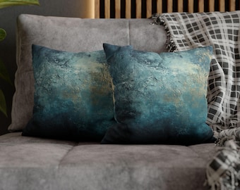 Teal and Gold Throw Pillow, Abstract Blue Textured Cushion, Modern Ocean Art Pillow, Luxury Teal Home Decor, Deep Blue Accent Pillow Case