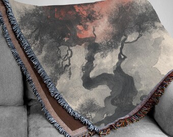Japanese Sumi-e Pine Tree Woven Blanket, Red Sun Ink Wash Tapestry, Zen Minimalist Landscape Throw, Traditional Asian Art, Nature Decor