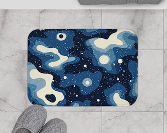 Blue Topographic Bath Mat, Abstract Map Rug, Heavy Duty Navy Decor, Modern Indigo Mat, Deep Sea Abstract Rug, Geometric Bathroom Accent