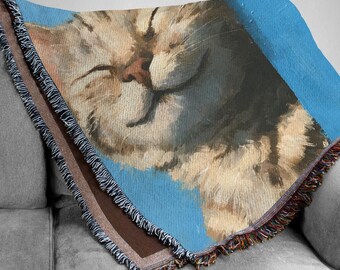 Smiling Cat Oil Painting Woven Blanket, Cute Tabby Cat Tapestry, Funny Kitten Blue Couch Throw, Whimsical Pet Lover Gift Cozy Bedding