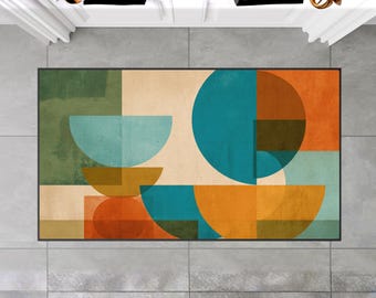 Mid Century Modern Floor Mat, Abstract Geometric Rug, MCM Heavy Duty Kitchen Mat, Bauhaus Style Decor, Retro Flat Shape Art, Entryway Rug