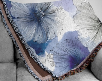 Indigo Ink Floral Woven Blanket, Blue Watercolor Anemone Tapestry, Sketch Line Art Flower Throw, Elegant Navy Botanical Bedding Cozy Gift